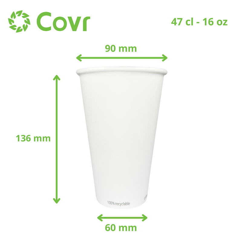 Gobelets Carton blancs sans plastique 50 cl - 16 oz (1000 unités) - 320 g/m²