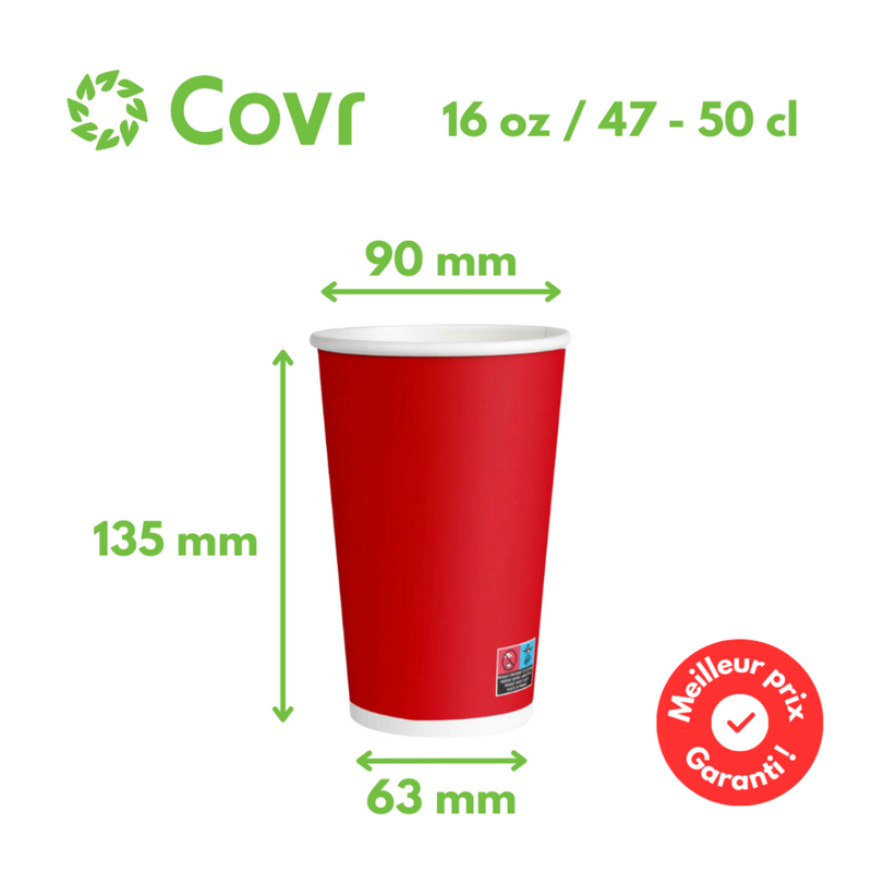 Gobelets carton rouges 50 cl / 16 oz boissons froides - 12 + 260 + 15 g/m²