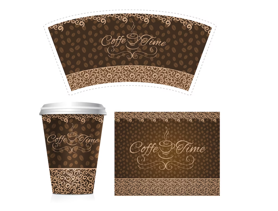 Gobelet carton personnalisé avec vue du gobelet monté, patron et logo du gobelet à plat