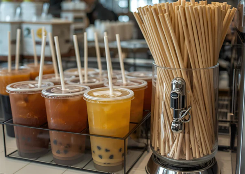 Photo d’un espace de libre-service dans un café ou une cafétéria, avec des boissons prêtes à consommer et un distributeur de pailles en matériaux naturels. 