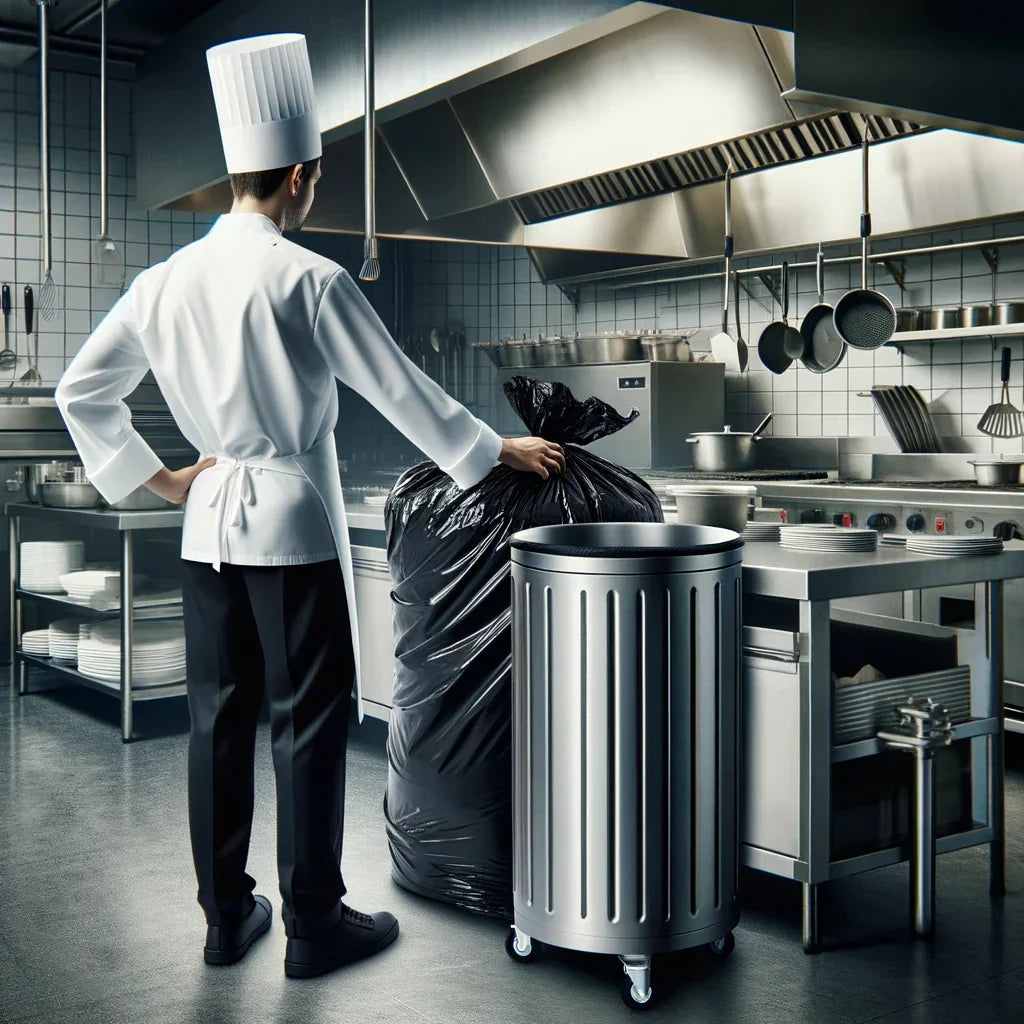 Chef cuisinier qui utilise un sac poubelle noir de la marque Covr