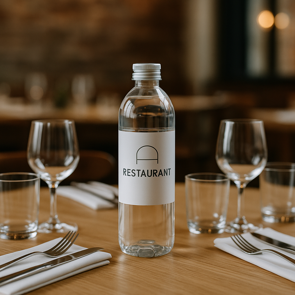 Photo d’une table de restaurant dressée avec une bouteille d’eau personnalisée en rPET au centre, entourée de verres et serviettes.