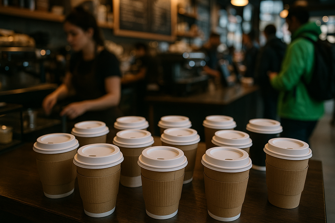 Photo d’un comptoir de café ou sandwicherie à l’heure de pointe, avec plusieurs boissons chaudes en attente d’être remises à des livreurs ou clients, toutes fermées par des couvercles blancs assortis