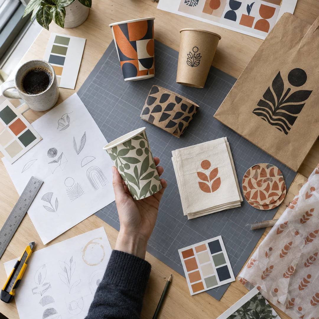 Création d'emballages personnalisés : gobelets, sac kraft, serviettes et manchon imprimés à votre logo, croquis et nuanciers