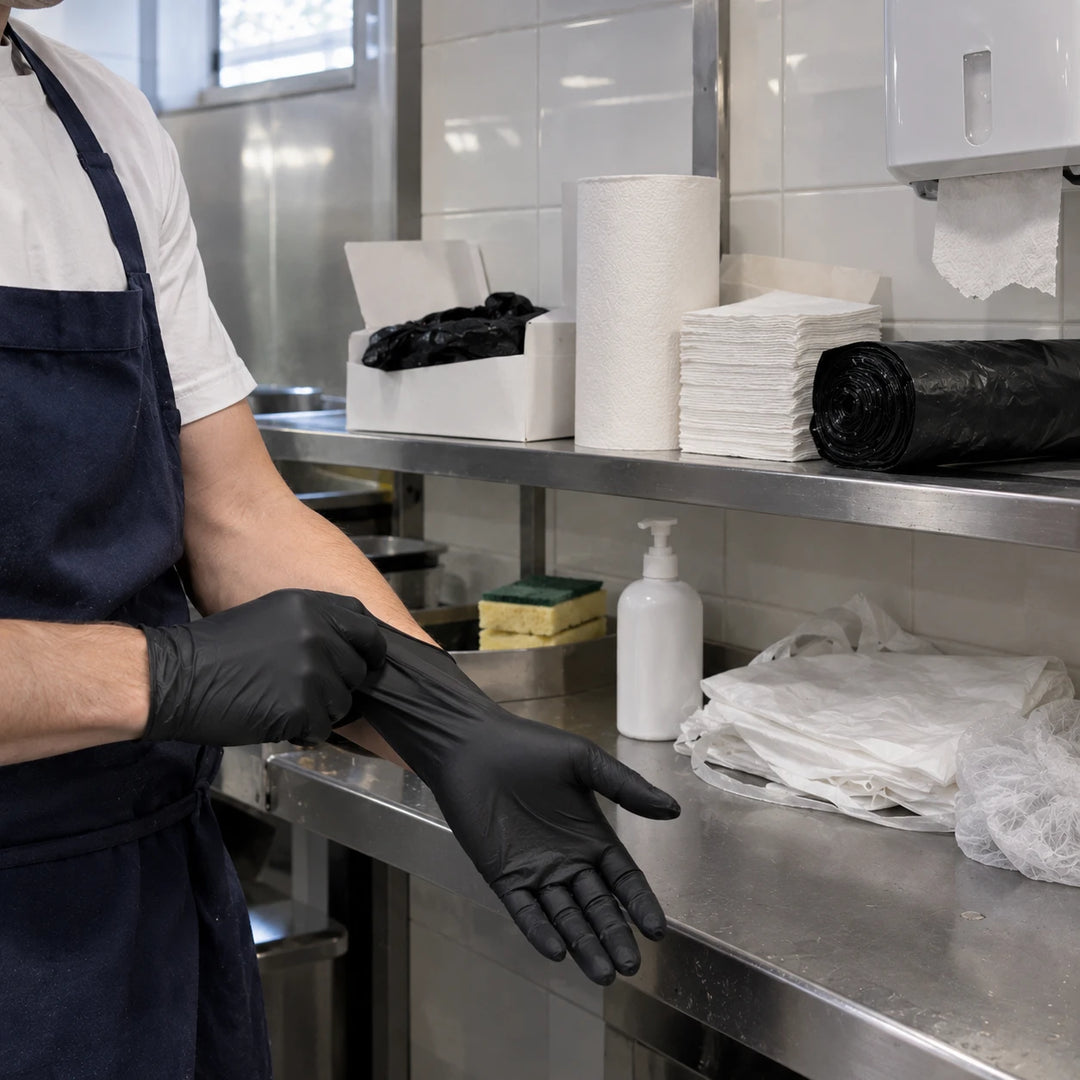 Hygiène en cuisine professionnelle : gants nitrile noirs, essuie-tout, serviettes, savon, éponges et sacs poubelle