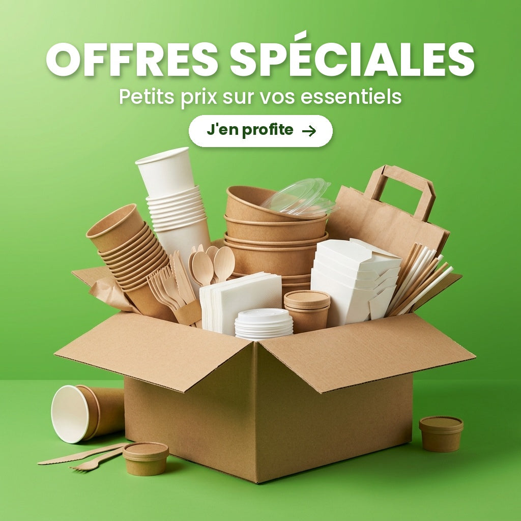 Offres spéciales : petits prix sur les emballages essentiels (gobelets, bols, couverts, sacs kraft)