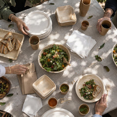 Vaisselle jetable écologique pour un repas en extérieur : assiettes et bols en feuille de palmier, gobelets kraft, couverts en bois et serviettes