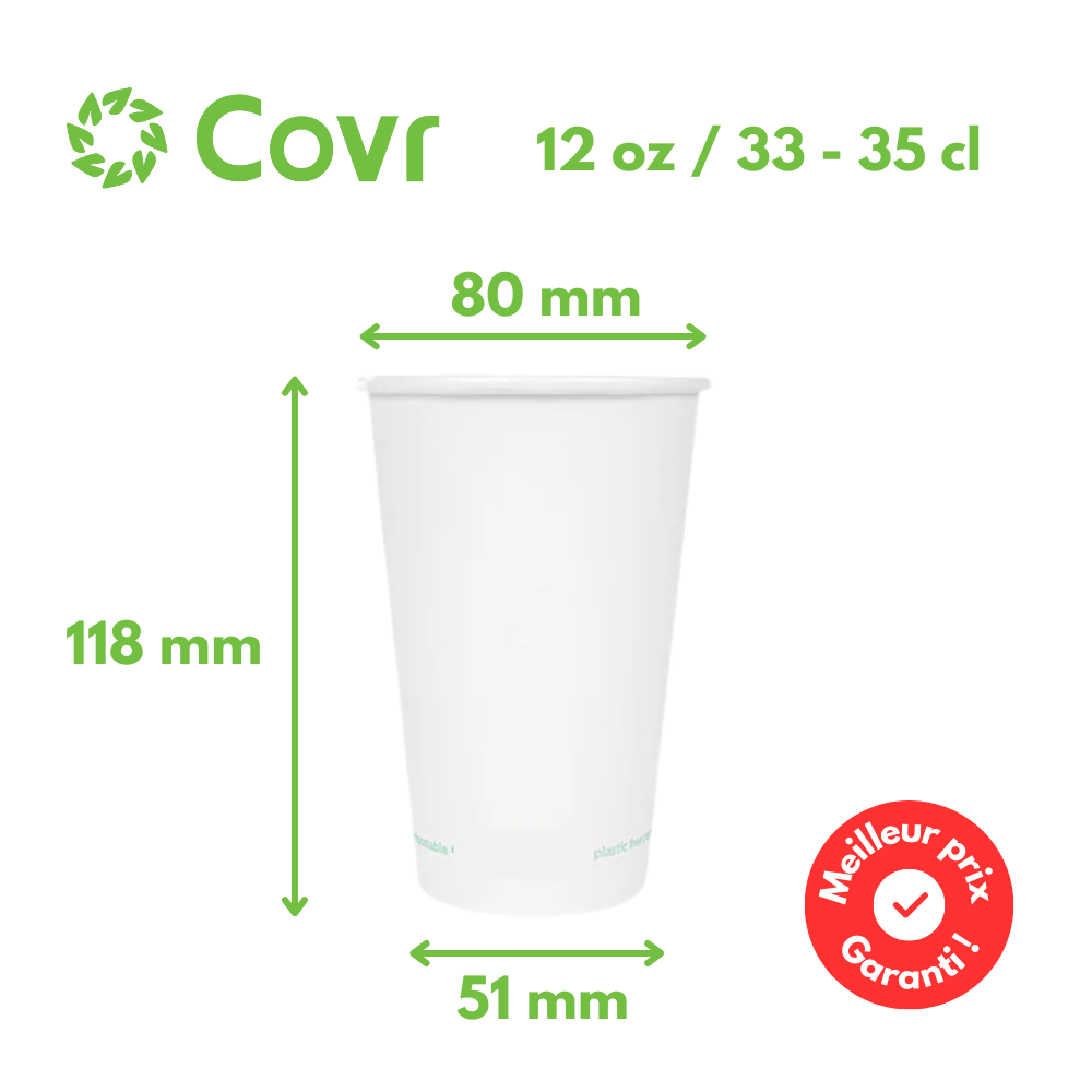 Gobelets Carton Sans Plastique 33 cl / 12 oz - 255 g/m²