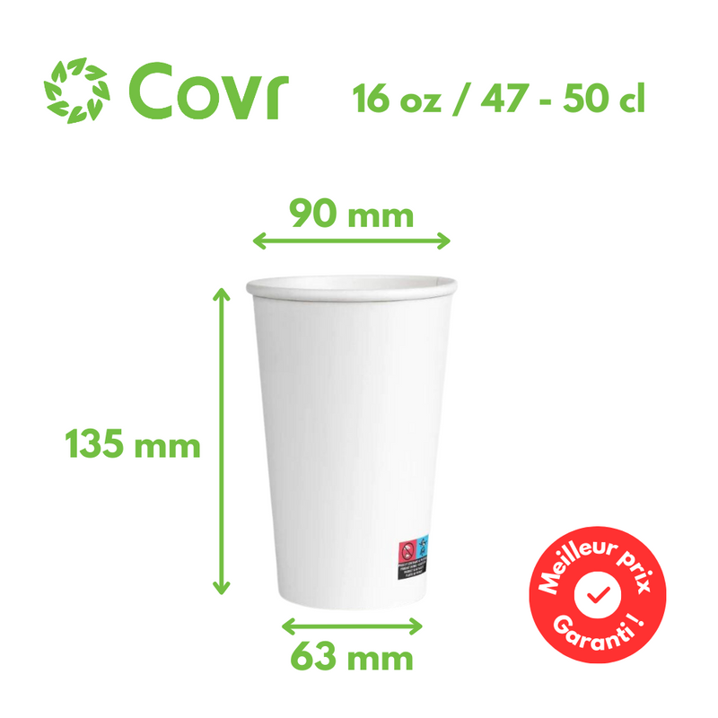 Gobelets carton blancs 50 cl / 16 oz - 300 + 18 g/m²
