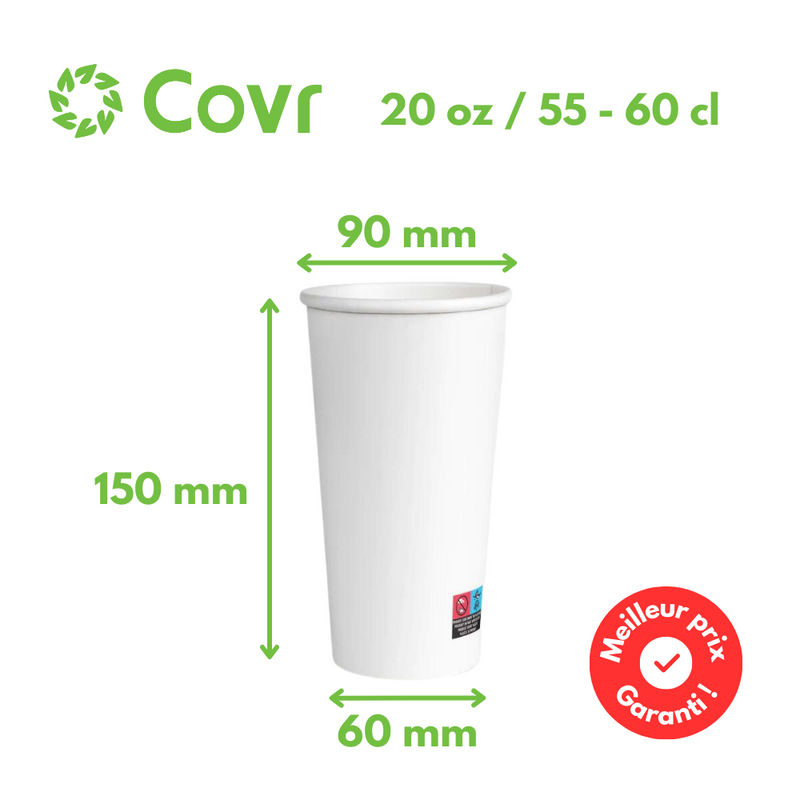 Gobelets carton blancs 60 cl / 20 oz - 300 + 18 g/m²