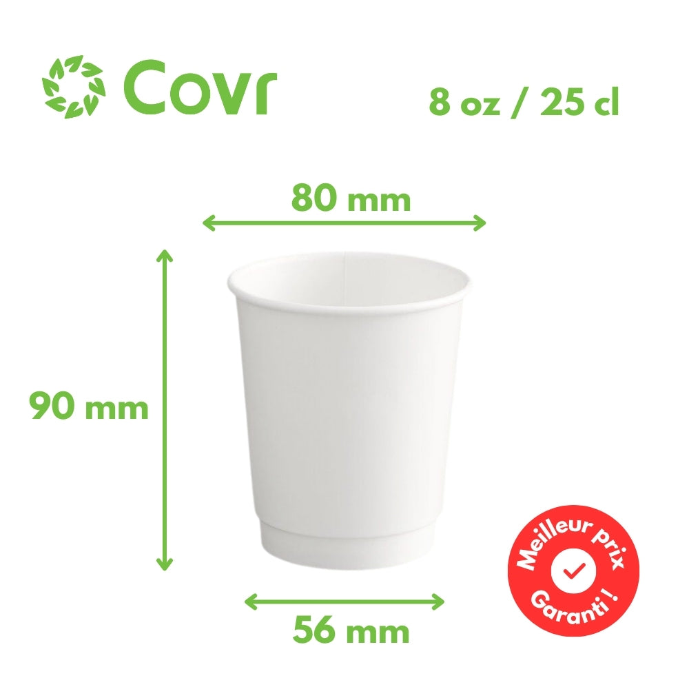 Gobelet Carton Blanc Sans Film Plastique Double Paroi 8 oz / 25 cl