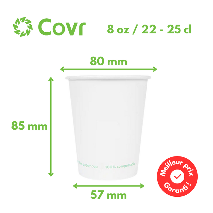 Gobelets Carton Sans Plastique 25 cl / 8 oz - 255 g/m²