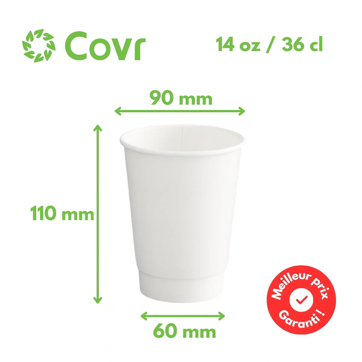 Gobelet Carton Blanc Sans Film Plastique Double Paroi 36 cl / 14 oz
