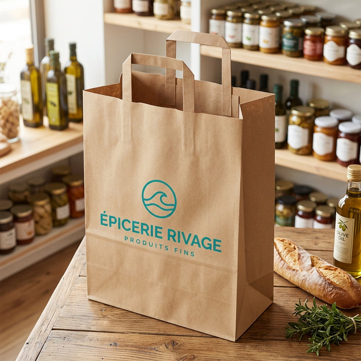 Sac papier kraft écru personnalisé 32 × 17 × 44 cm – exemple de logo imprimé en situation (épicerie fine)
