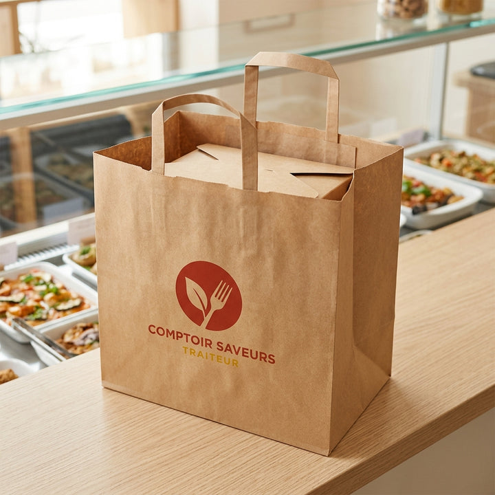 Sac papier kraft écru personnalisé 26 × 17 × 25 cm – exemple de logo imprimé en situation (traiteur)