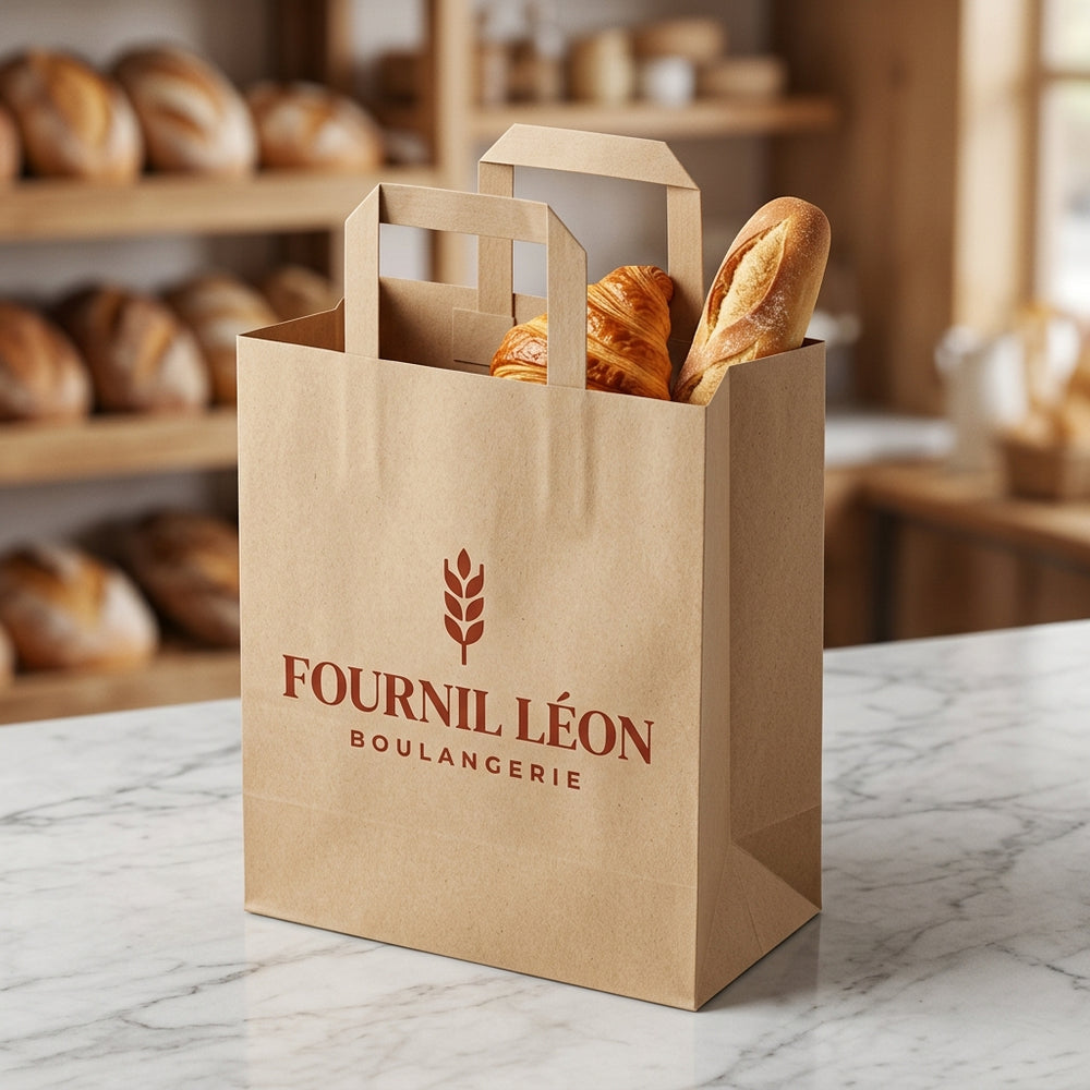 Sac papier kraft écru personnalisé 22 × 10 × 28 cm – exemple de logo imprimé en situation (boulangerie)