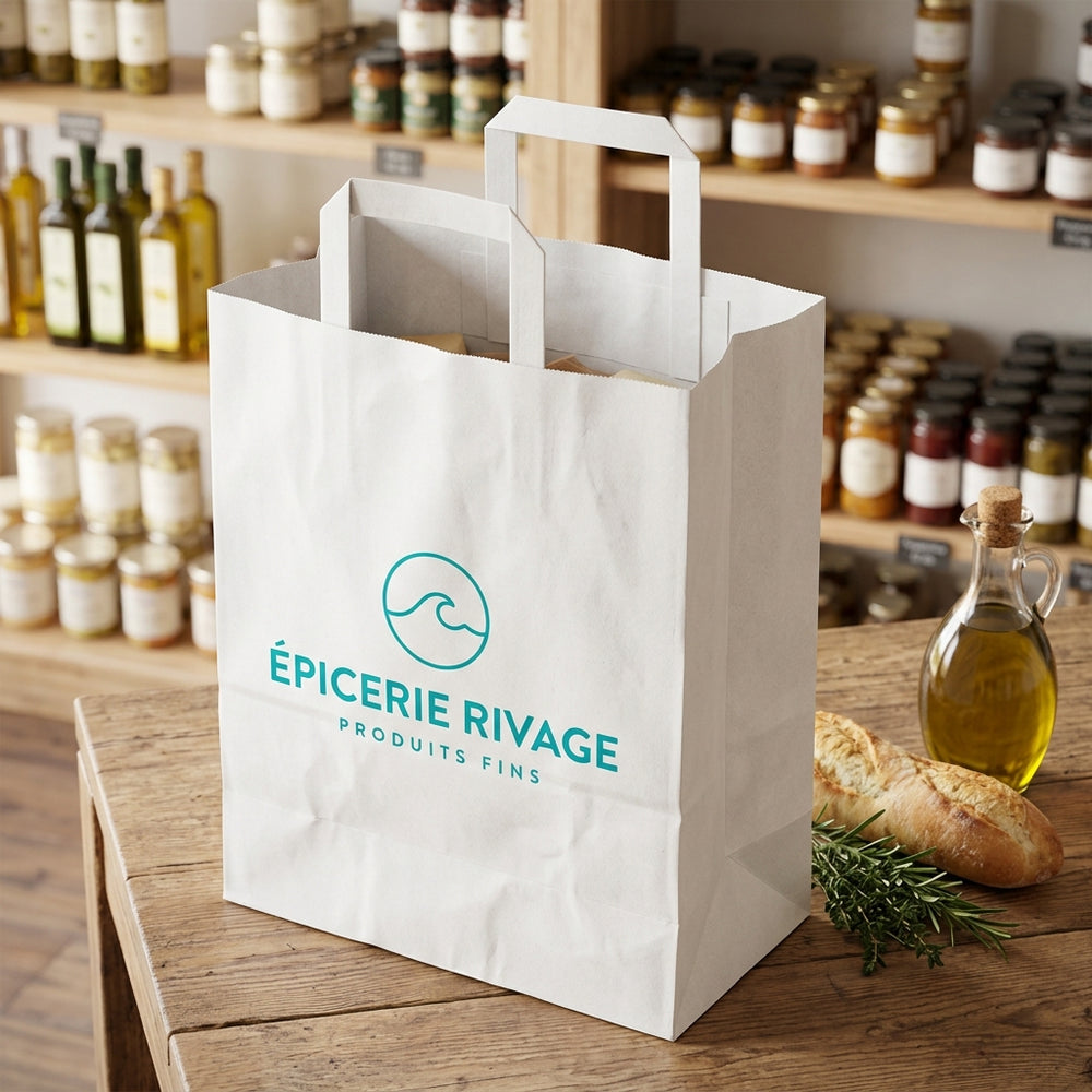 Sac papier blanc personnalisé 32 × 17 × 44 cm – exemple de logo imprimé en situation (épicerie fine)