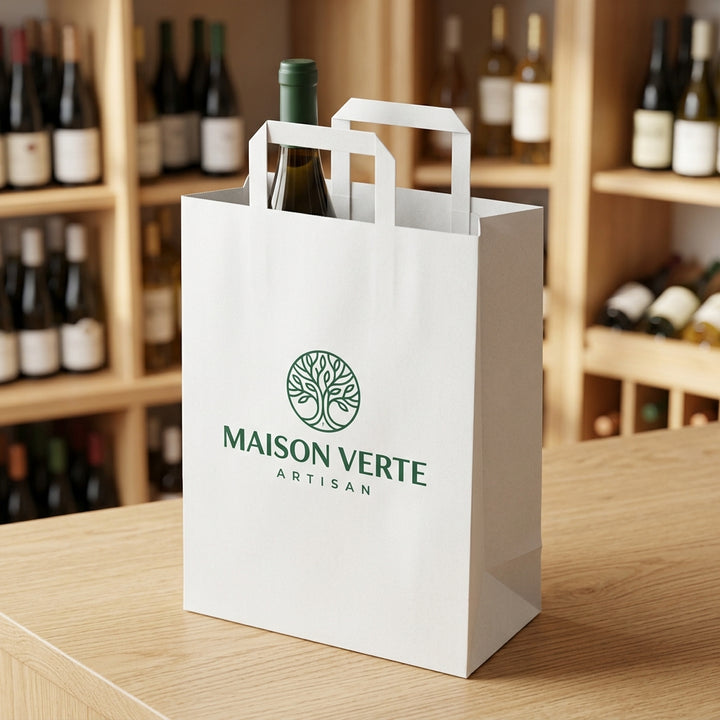 Sac papier blanc personnalisé 26 × 12 × 35 cm – exemple de logo imprimé en situation (cave à vin)