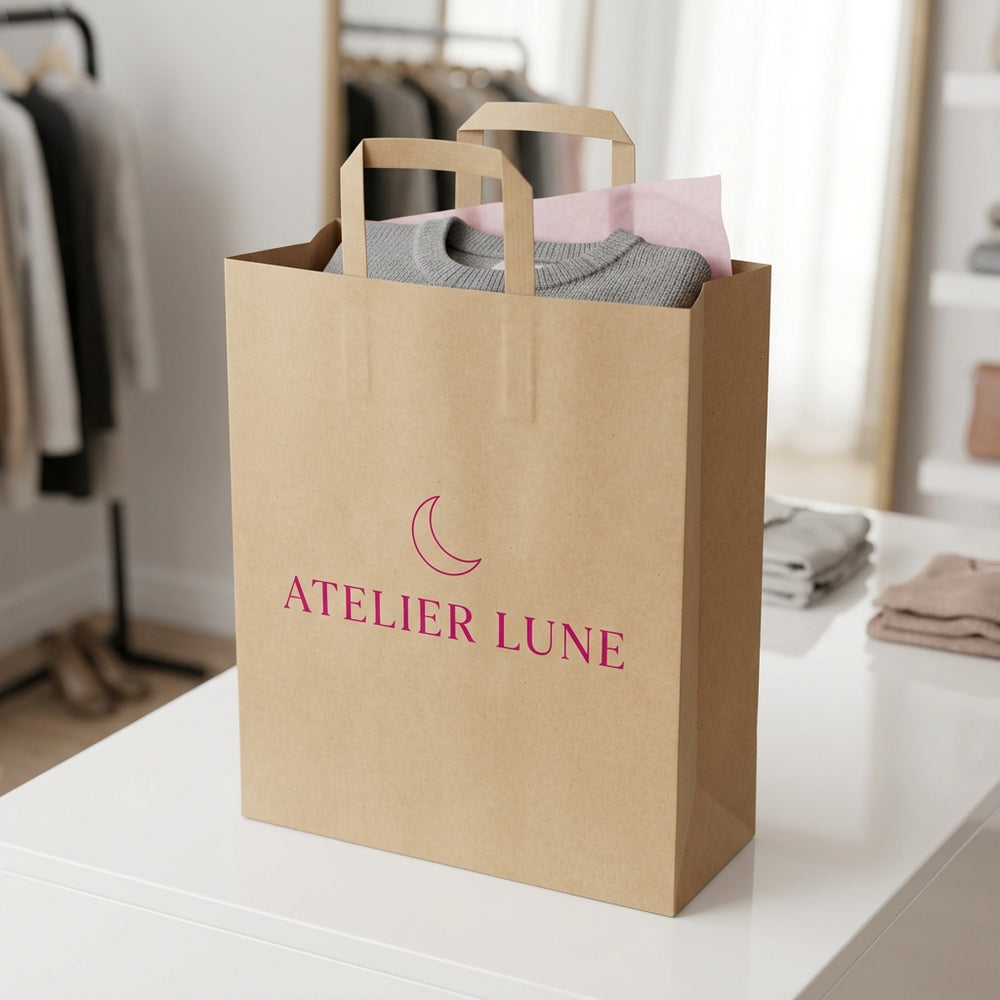 Sac papier kraft écru personnalisé 32 × 12 × 40 cm – exemple de logo imprimé en situation (boutique de vêtements)