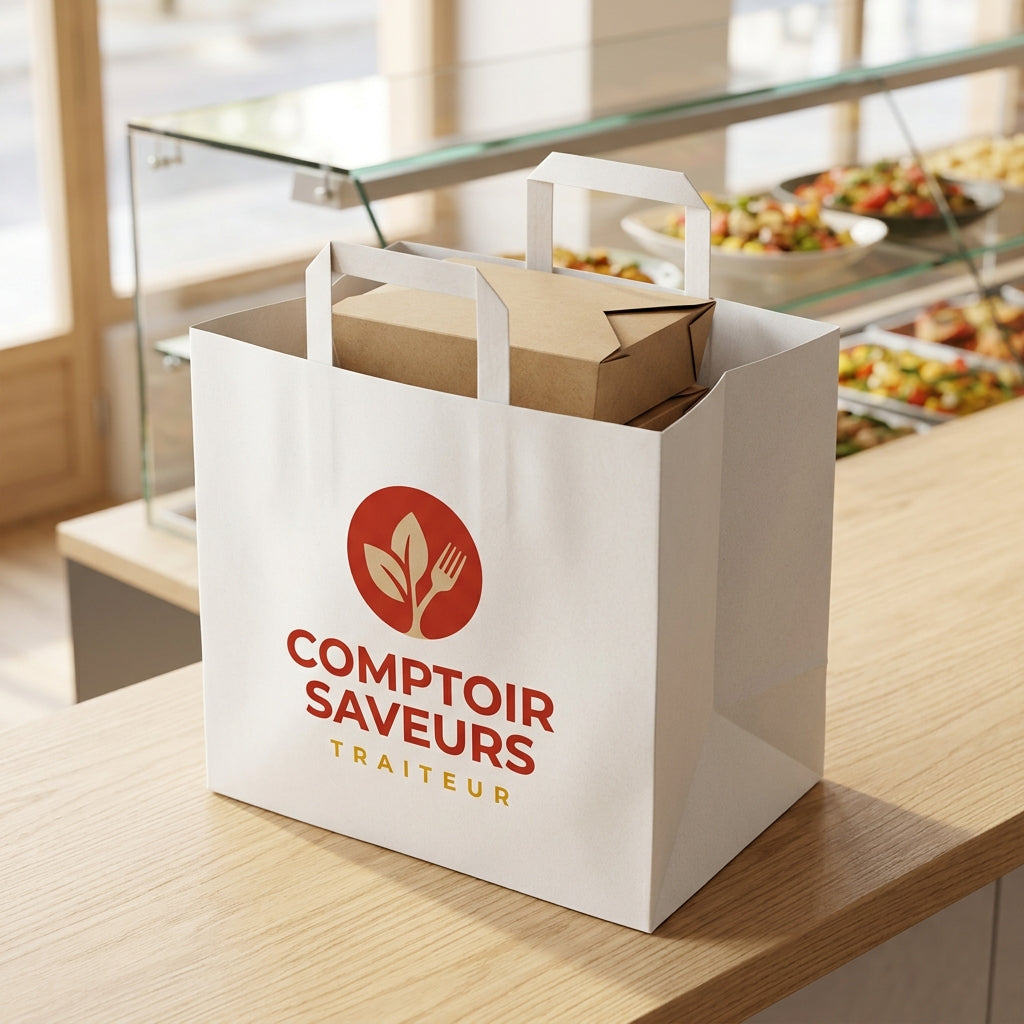 Sac papier blanc personnalisé 26 × 17 × 25 cm – exemple de logo imprimé en situation (traiteur)
