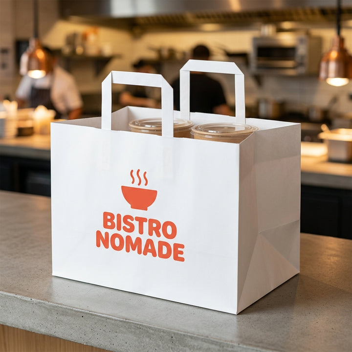 Sac papier blanc personnalisé 32 × 21 × 27 cm – exemple de logo imprimé en situation (restaurant à emporter)