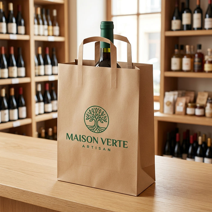 Sac papier kraft écru personnalisé 26 × 12 × 35 cm – exemple de logo imprimé en situation (cave à vin)