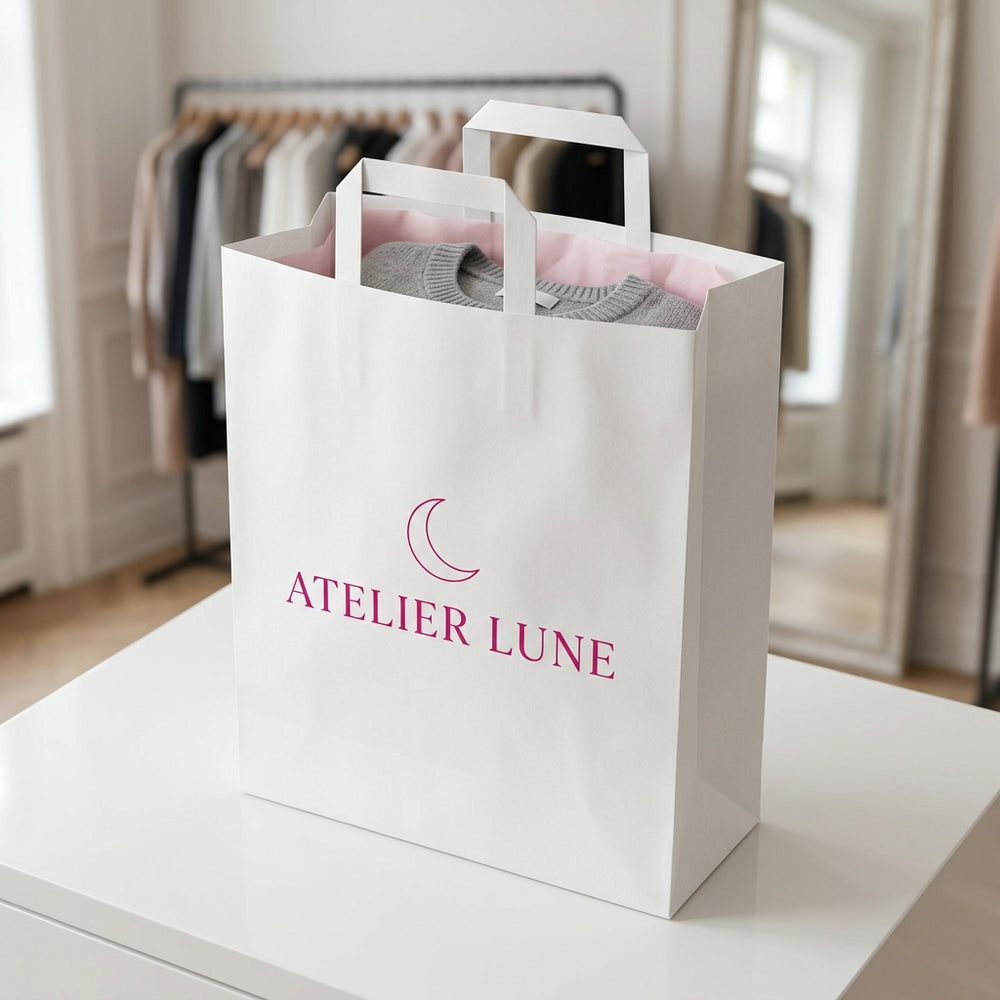 Sac papier blanc personnalisé 32 × 12 × 40 cm – exemple de logo imprimé en situation (boutique de vêtements)