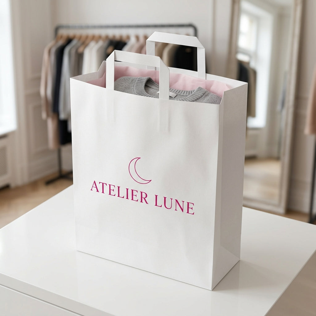 Sac papier blanc personnalisé 32 × 12 × 40 cm – exemple de logo imprimé en situation (boutique de vêtements)
