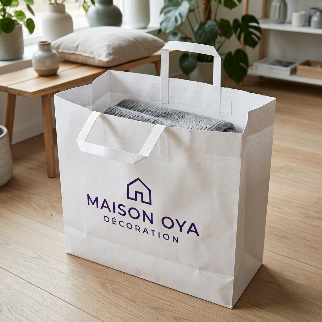 Sac papier blanc personnalisé 45 × 17 × 47 cm – exemple de logo imprimé en situation (magasin de décoration)