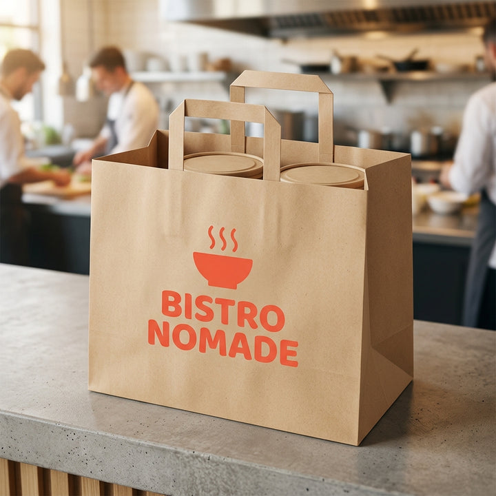 Sac papier kraft écru personnalisé 32 × 21 × 27 cm – exemple de logo imprimé en situation (restaurant à emporter)