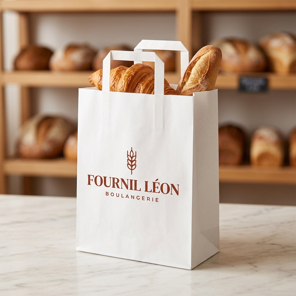 Sac papier blanc personnalisé 22 × 10 × 28 cm – exemple de logo imprimé en situation (boulangerie)