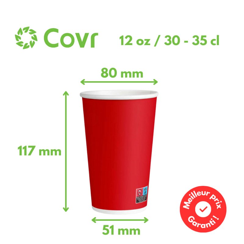 Gobelets carton rouges 33 cl / 12 oz boissons froides - 12 + 260 + 15 g/m²