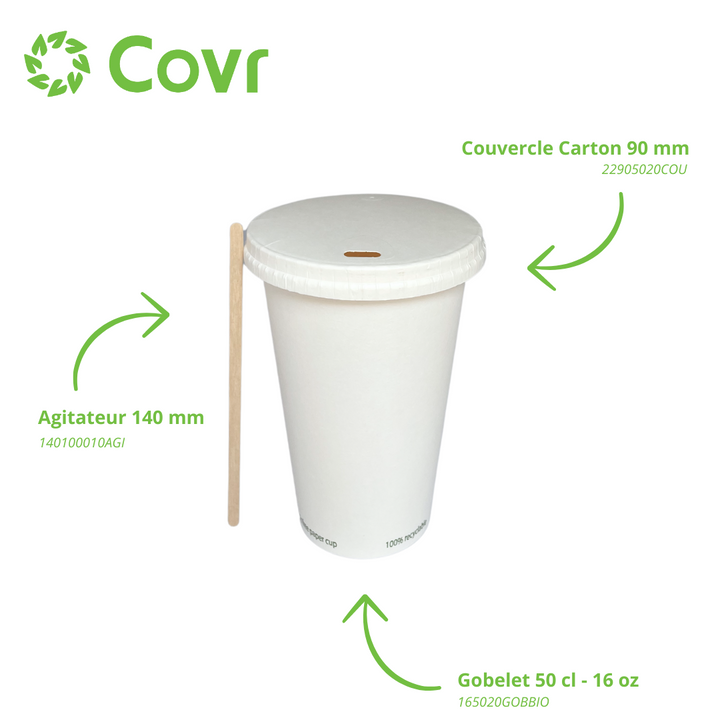 Gobelets Carton blancs sans plastique 50 cl - 16 oz (1000 unités) - 320 g/m²