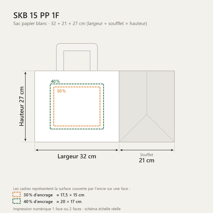 Sac papier blanc personnalisé 32 × 21 × 27 cm – dimensions et zones d&