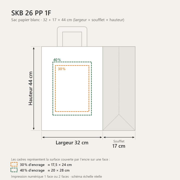 Sac papier blanc personnalisé 32 × 17 × 44 cm – dimensions et zones d&