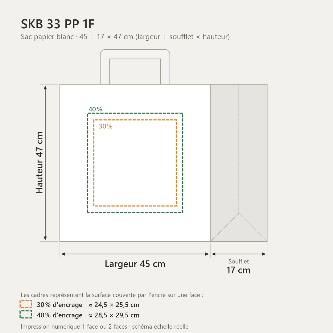 Sac papier blanc personnalisé 45 × 17 × 47 cm – dimensions et zones d&
