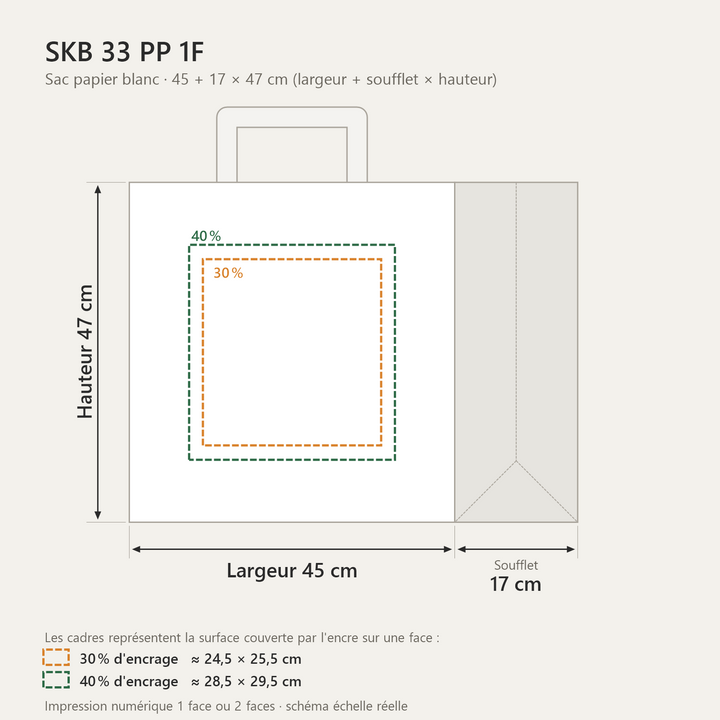Sac papier blanc personnalisé 45 × 17 × 47 cm – dimensions et zones d&