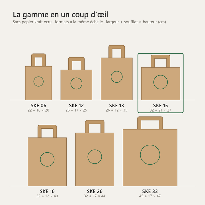 Sac papier kraft écru personnalisé 32 × 21 × 27 cm – comparatif des tailles de la gamme