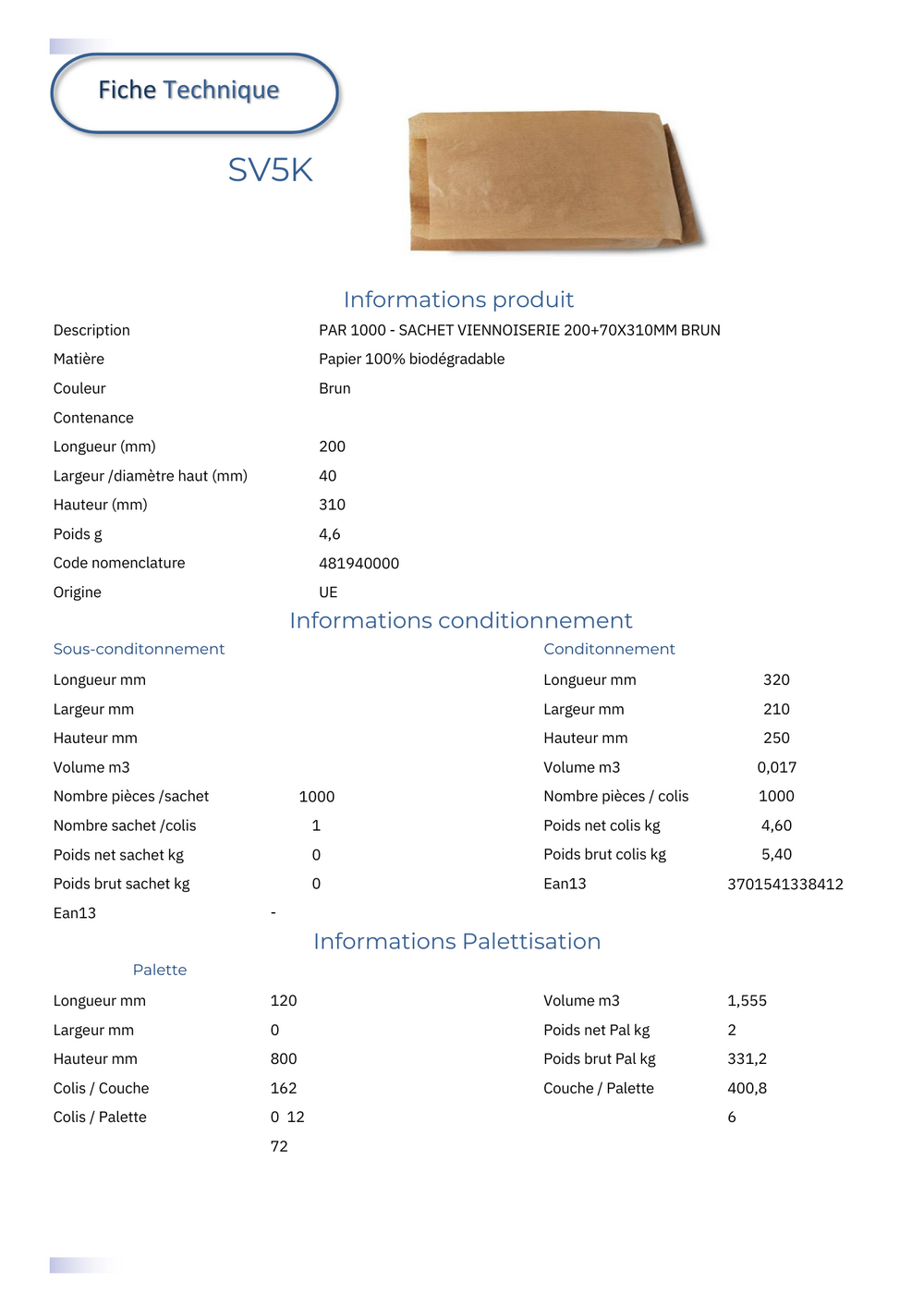 Sacs croissant 20 x 7 x 31 cm brun kraft