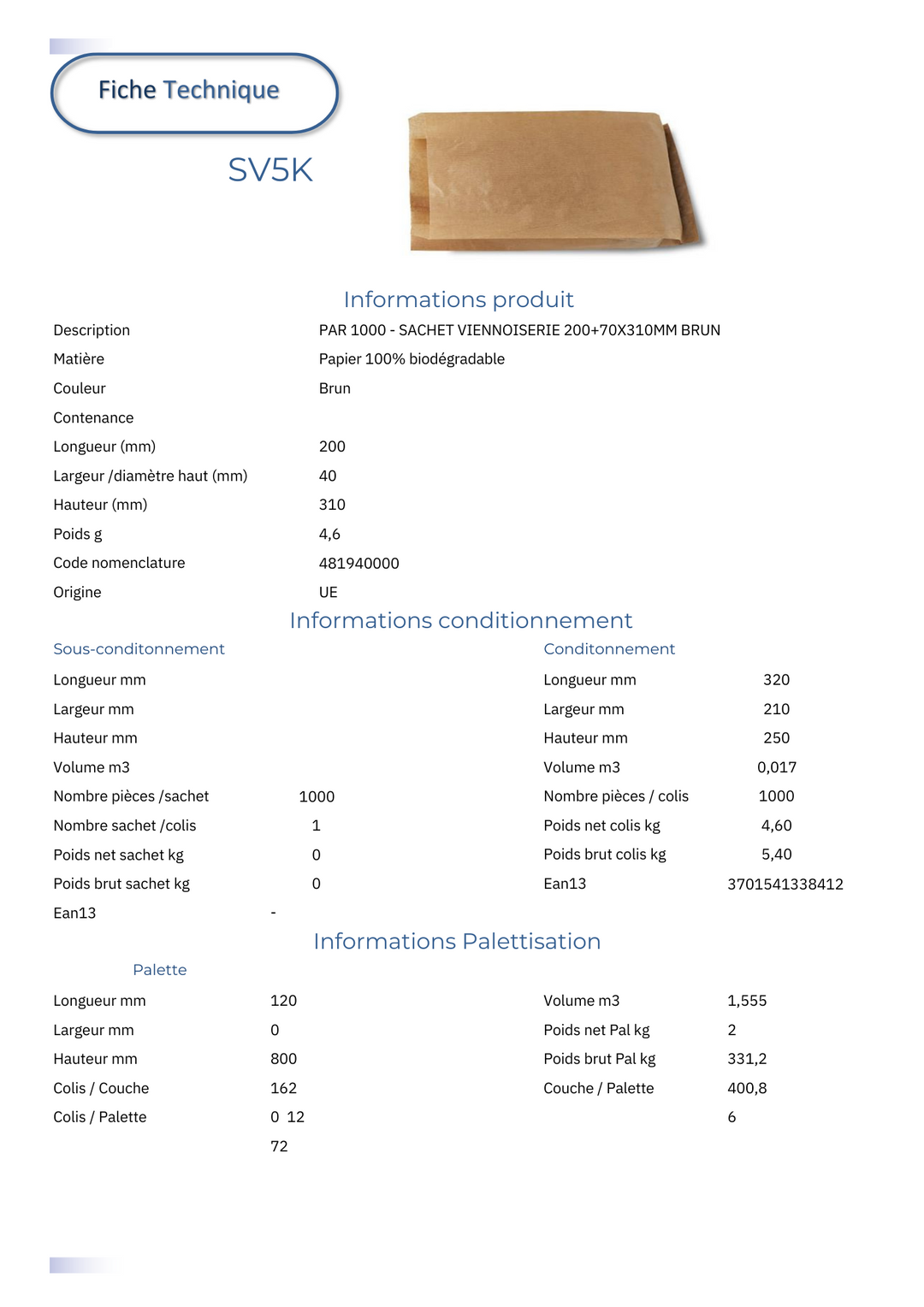 Sacs croissant 20 x 7 x 31 cm brun kraft