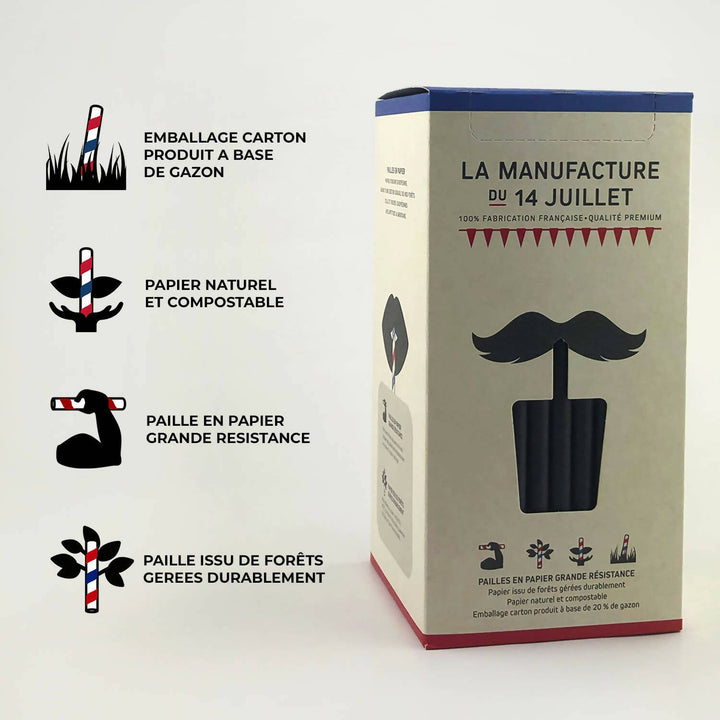 24 boites de 140 pailles Longdrink papier entièrement noir = 3.360 pcs | 8 mm x 195 mm | fabriqué en France