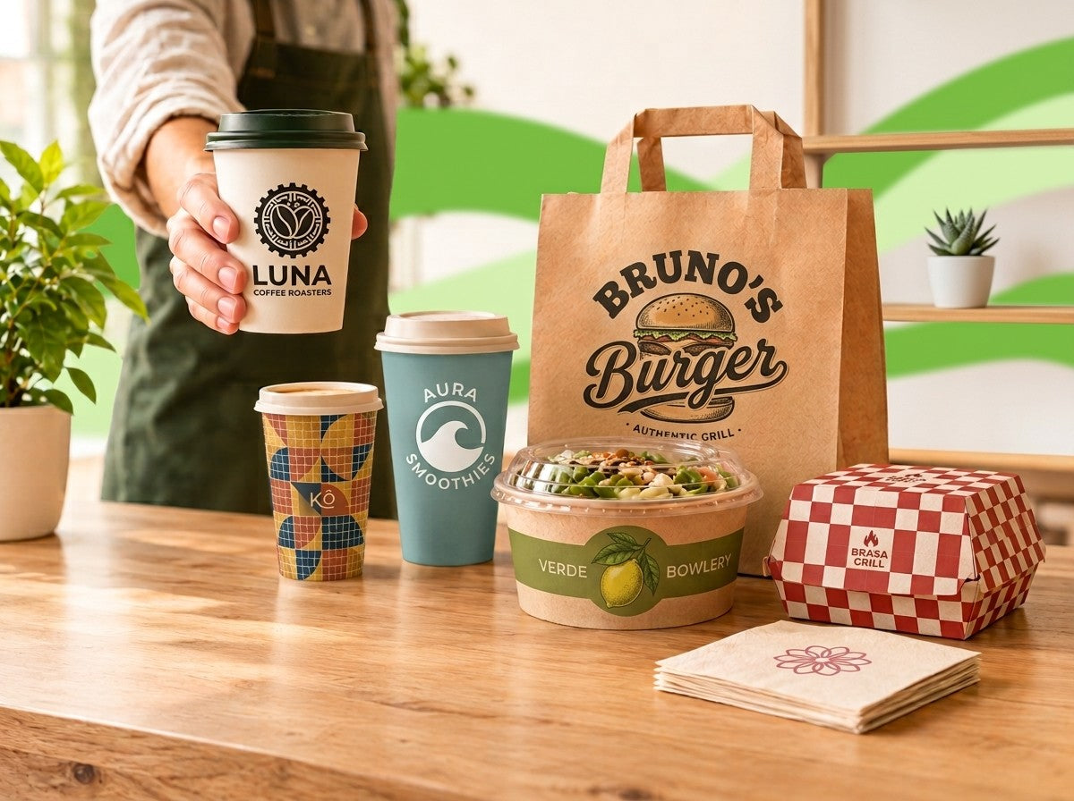 Emballages personnalisés au logo de plusieurs clients : gobelets, sac kraft, bol salade, boîte burger et serviettes imprimés