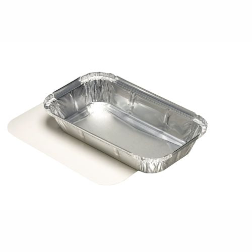 Plats en aluminium avec couvercles en carton laminé PP rectangulaire 0.65 l 3.4 cm x 13 cm x 22 cm pour lasagne (100 unités)