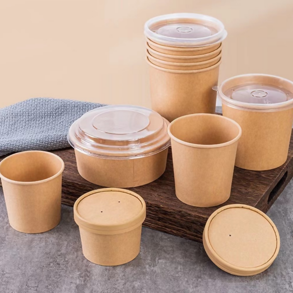 Pot kraft + couvercle PP 960mL / 32oz 11,8x9,3x13,1cm (500 unités)