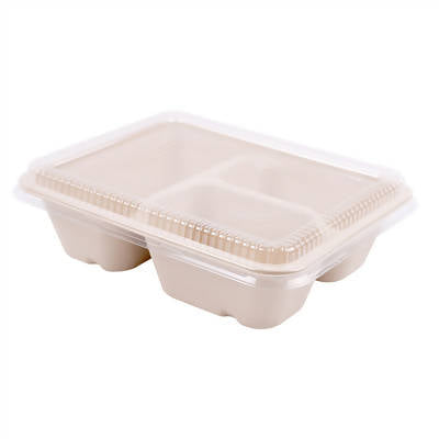 PLATEAUX 3 COMPART + COUVERCLE PET 'BIONIC' 950 ML 22x18x5,5+1,3 CM NATUREL BAGASSE 