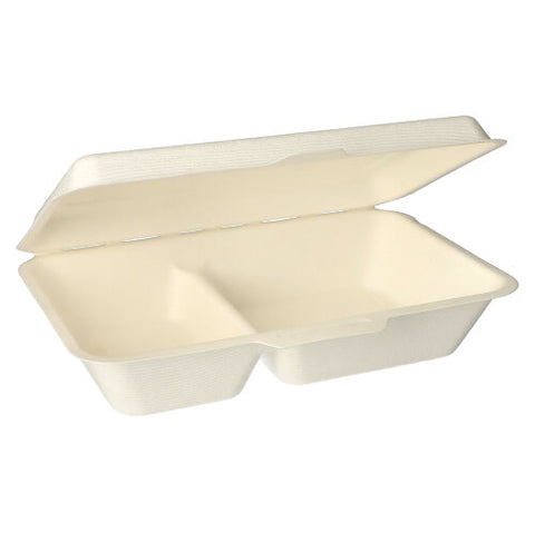 Boîtes Menu en sucre de canne "pure" 2 compartiments 6.5 cm x 24 cm x 15.5 cm blanc (100 unités)