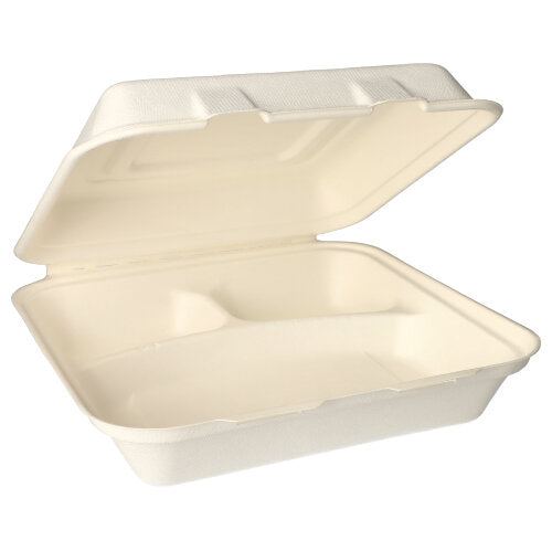 Boîtes Menu en sucre de canne "pure" 3 compartiments 8 cm x 24 cm x 24 cm blanc (125 unités)
