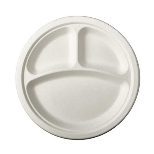Assiettes en canne à sucre "pure" avec 3 compartiments 