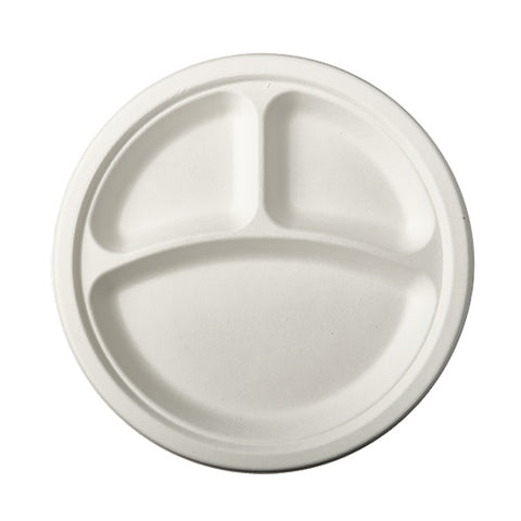 Assiettes en canne à sucre "pure" avec 3 compartiments 