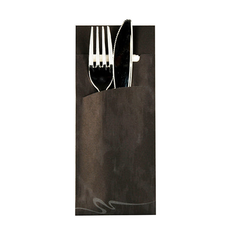 Pochettes à couverts 20 cm x 8.5 cm noir serviette blanche 33 x 33 cm 2 plies incluse